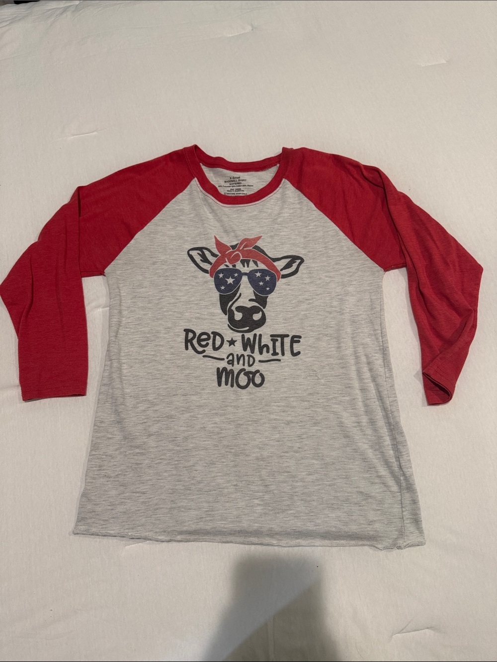 Red & White Raglan Tee - "Red White and Moo" Graphic